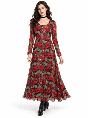 Vintage 90s Susie Tompkins Red Rose Floral Rayon Maxi Dress 8 Gothic Glamour